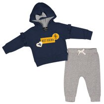 Navy and grey WVU infant girl's hoodie and pants set with full front WVU screen print on hoodie, grey bow on hood, and natural tacked twill bow on pant waistband