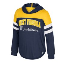 Gold and navy color-blocked girl's WVU hooded tee with white stripes on sleeves and gold glitter print with silver foil WVU over Mountaineers