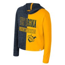 Navy and gold color blocked girl's long sleeve hooded tee with West Virginia over Mountaineers over a vault WVU logo screen print on front