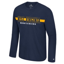 Front of the navy WVU long sleeve tee wtih West Virginia outline on a bar over Mountaineers full front screen print