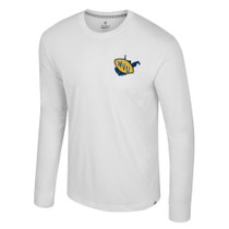 Front of the white WVU long sleeve tee with a retro WVU logo on the left chest