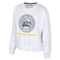 White women's WVU crew sweatshirt with navy faux WVU seal over gold West Virginia University chest graphic