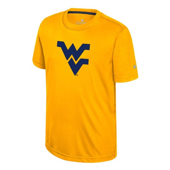 Gold WVU youth tee with a navy Flying WV on the front