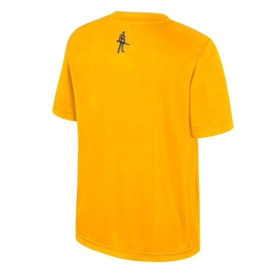 Back of the gold WVU youth tee with a navy Mountaineer mascot below the neckline