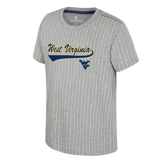 Heather grey WVU youth tee with vertical white pinstripes and West Virginia with tail sweep above the Flying WV Logo full front screen print