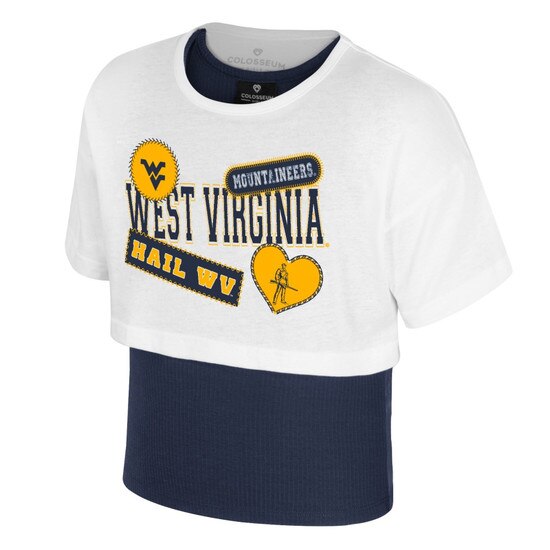 White WVU girl's layered crop top tacked to navy inner tank top at straps with Full front screen print featuring WVU, Mountaineers and the Flying WV Logo on white cropped tee