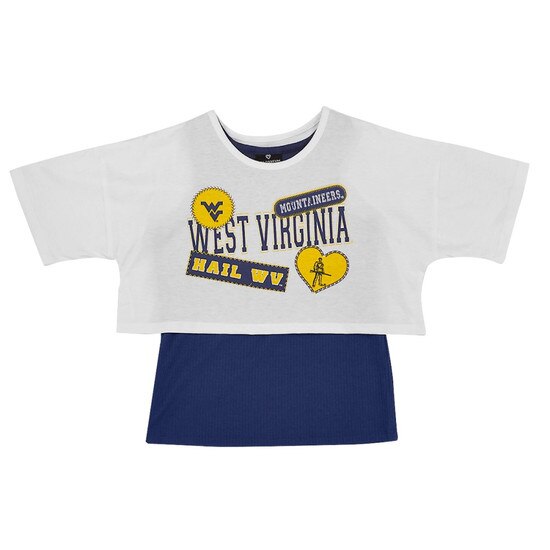 Flat lay of the white WVU girl's layered crop top tacked to navy inner tank top at straps with Full front screen print featuring WVU, Mountaineers and the Flying WV Logo on white cropped tee