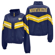 Front and back of a navy WVU women's windbreaker with gold and white chevron pattern on the front and back, vault logo on left chest, West Virginia on right, and Mountaineers across the shoulders