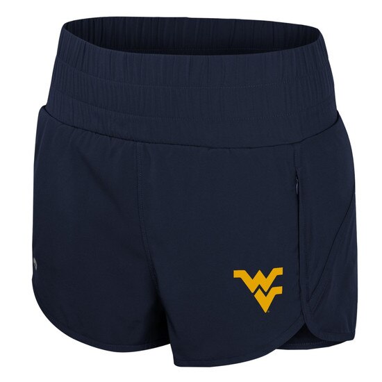 Navy WVU women's high waisted shorts with a Flying WV Logo lightweight rubberized print at lower left leg