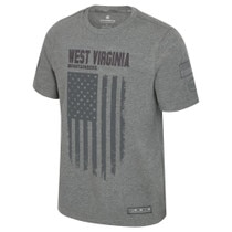 Heather grey WVU tee with a tonal full front vertical screen print and flocking featuring a flag and West Virginia and a Military flag patch on left sleeve