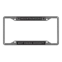 Metal WVU license plate frame with Mountaineers in between two Flying WVs across the top and West Virginia University across the bottom