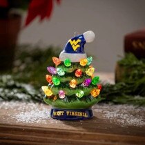 Mini LED light up WVU tabletop Christmas tree with a navy Santa hat on top featuring a gold Flying WV