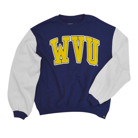 Flat lay of the navy WVU women's crew sweatshirt with white sleeve, navy sleeve cuffs, and a gold and white WVU graphic on chest
