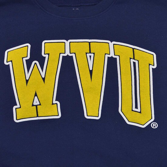 Close up of the gold and white WVU graphic on chest on the navy WVU women's crew sweatshirt with white sleeve, navy sleeve cuffs