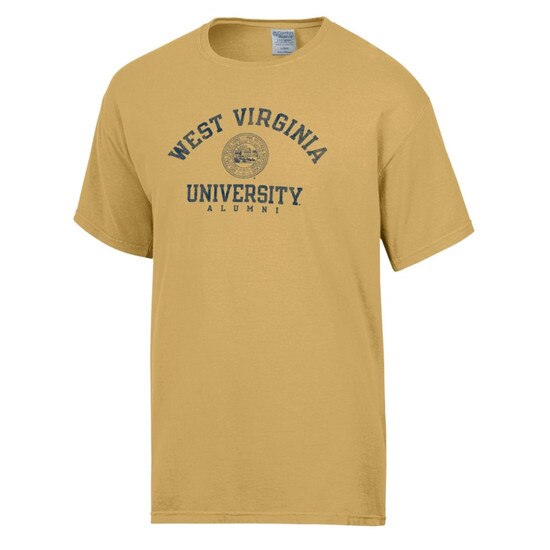 Artisan gold WVU alumni tee with West Virginia arched over the University Seal over University over Alumni full front screen print