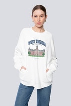 White WVU crew sweatshirt with arched West Virginia over arched Mountaineers over Woodburn Hall
