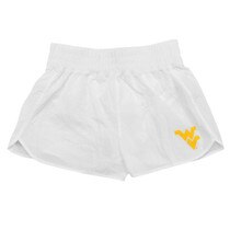 White WVU women's boxer shorts with a screen print gold Flying WV on the lower left leg