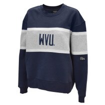 Navy WVU crew sweatshirt with contrasting grey and white stripes across the center of the chest and sleeves with a navy embroidered WVU in the grey stripe
