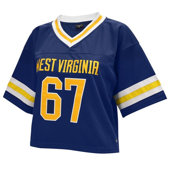 Navy WVU cropped football jersey with West Virginia over 67 on the front