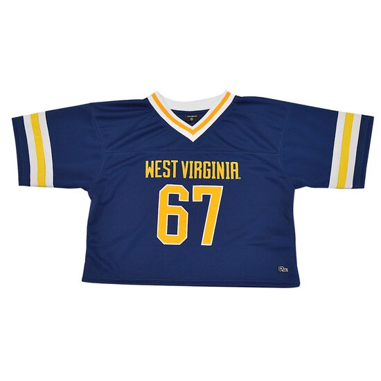 Flat lay of the navy WVU cropped football jersey with West Virginia over 67 on the front