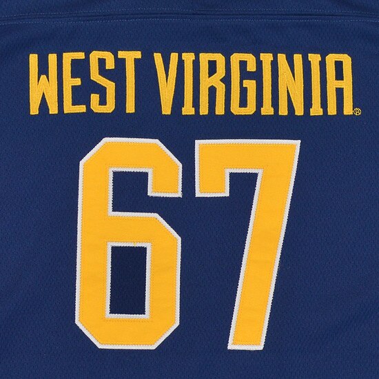 Close up of the West Virginia over 67 on the front of the navy WVU cropped football jersey
