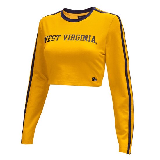 Gold WVU cropped long sleeve tee with navy sleeve stripes and collar taping and West Virginia script in navy as the chest graphic