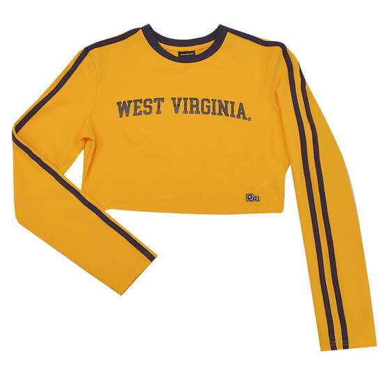 Flat lay of the gold WVU cropped long sleeve tee with navy sleeve stripes and collar taping and West Virginia script in navy as the chest graphic
