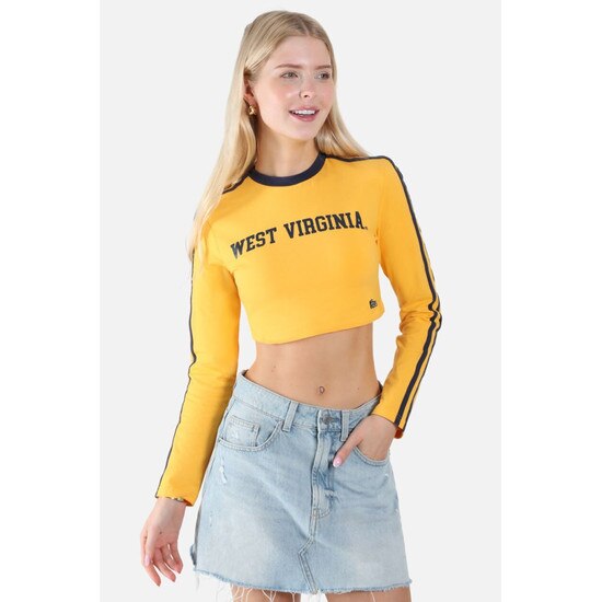 Model wearing the gold WVU cropped long sleeve tee with navy sleeve stripes and collar taping and West Virginia script in navy as the chest graphic