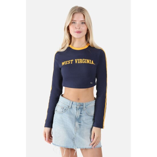 Model wearing the navy WVU cropped long sleeve tee with gold sleeve stripes and collar taping and West Virginia script in gold as the chest graphic