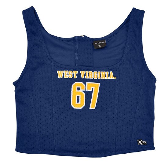 Flat lay of the navy WVU women's corset top with West Virginia over 67 as the chest graphic