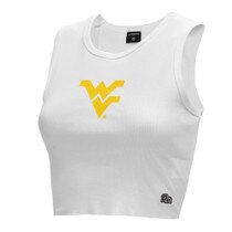 White WVU cut off tank top with a gold screen print Flying WV on chest