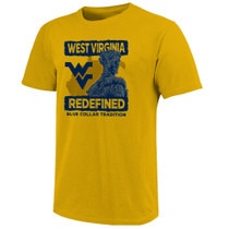 Gold WVU tee with a front screen print featuring a tonal state of West Virginia background, the profile of the Mountaineer Statue, the Flying WV, West Virginia, Redefined and Blue Collar Tradition