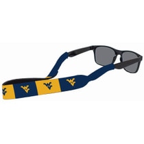Navy and gold striped WVU glasses holder with Flying WVs shown on a pair of sun glasses