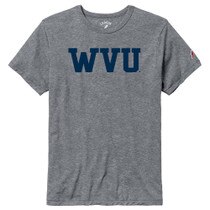 Grey heather League WVU tee with a WVU applique in navy as the chest graphic