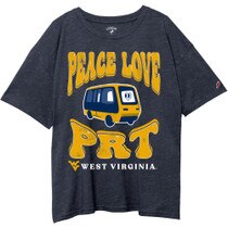 Heather liberty navy League WVU oversized tee with a Peace, Love and PRT oversized full front design