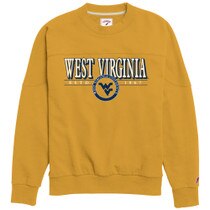 Honey WVU women's crew sweatshirt with full front screen print featuring West Virginia and a faux seal with the Flying WV Logo