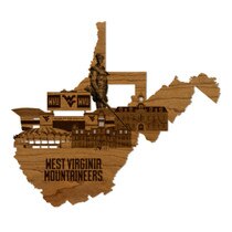 Stained cherry WVU wall decor featuring the WVU skyline with the Mountaineer Mascot in the state of West Virginia