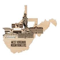 Stained maple WVU wall decor featuring the WVU skyline with the Mountaineer Mascot in the state of West Virginia