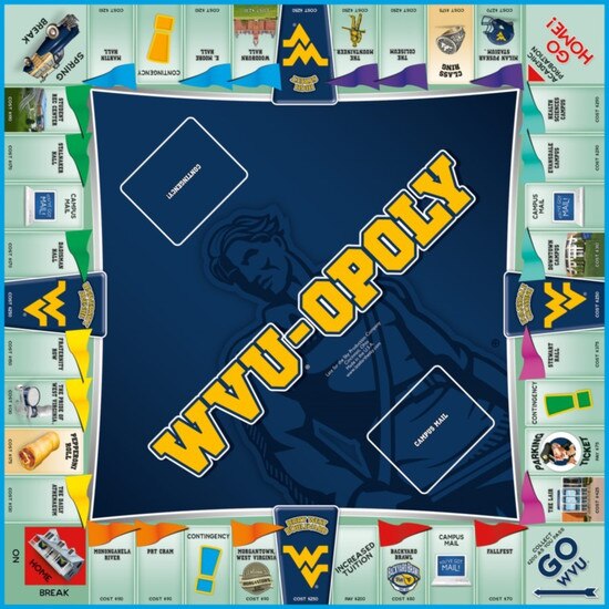 An overhead shot of the playing board of the WVU monopoly board game featuring iconic WVU landmarks and icons