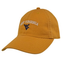 Mustard WVU cap with an arched West Virginia in white over a navy Flying WV embroidered on the front panels