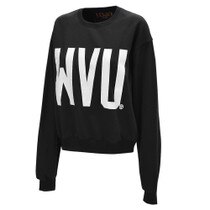 Black WVU cropped crew sweatshirt with a white WVU full front screenprint graphic