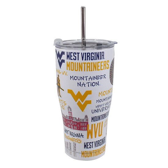 WVU stainless steel travel tumbler with straw and all over WVU print featuring many WVU icons like the Flying WV, the football stadium, Hail WV, and more