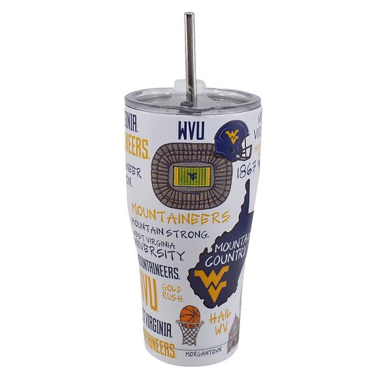 WVU stainless steel travel tumbler with straw and all over WVU print featuring many WVU icons like the Flying WV, the football stadium, Hail WV, and more