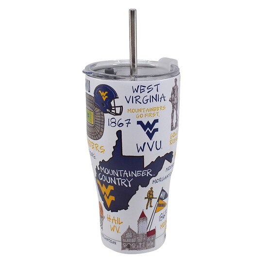 WVU stainless steel travel tumbler with straw and all over WVU print featuring many WVU icons like the Flying WV, the football stadium, Hail WV, and more