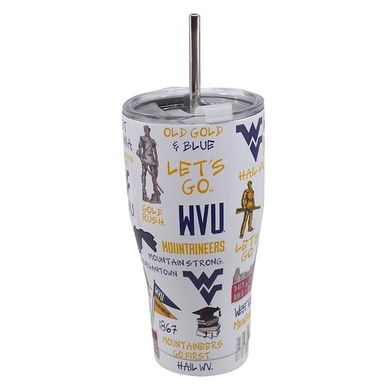 WVU stainless steel travel tumbler with straw and all over WVU print featuring many WVU icons like the Flying WV, the football stadium, Hail WV, and more