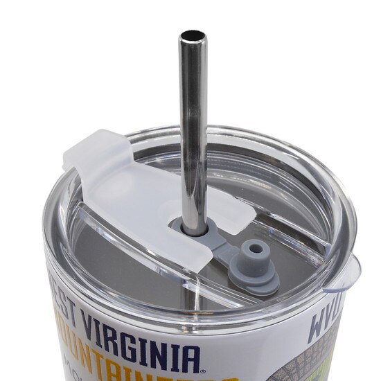 Close up of the lid of the WVU stainless steel travel tumbler with straw and all over WVU print featuring many WVU icons like the Flying WV, the football stadium, Hail WV, and more