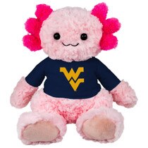 Pink plush axolotis salamander wearing a navy tee with a Flyiing WV Logo