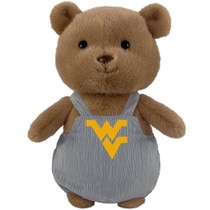 Brown plush bear wearing bib overalls with a Flying WV Logo