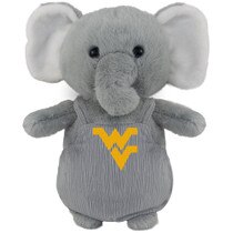 Plush elephant wearing bib overalls with a Flying WV Logo
