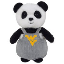Plush panda bear wearing bib overalls with a Flying WV Logo